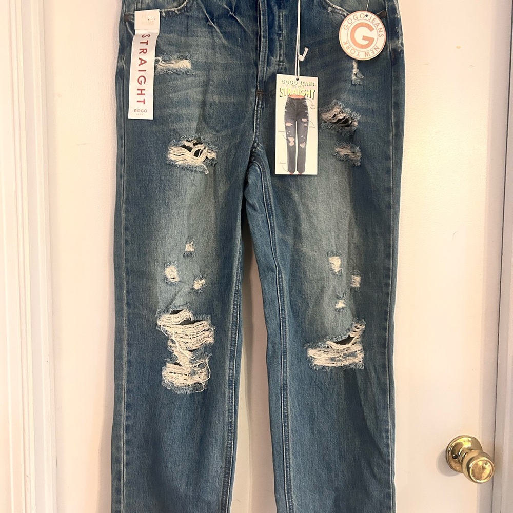 GOGO Women's Straight Leg Jeans - Distressed Denim
